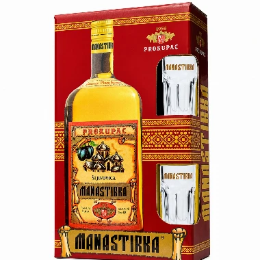 Rakija Prokupac Manastirka  Šljivova Preprečenica 1l - poklon pakovanje sa dve čaše