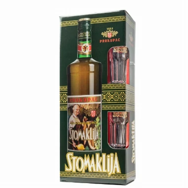 Rakija Stomaklija Prokupac 1 l – poklon pakovanje sa dve čaše